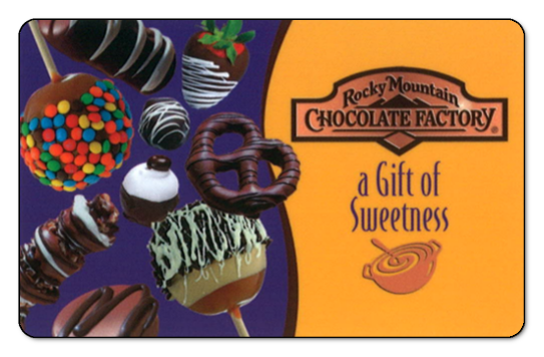 right side: Rocky Mountain logo, 'a gift of sweetness' over orange.  left side: images of several types of chocolate treats o